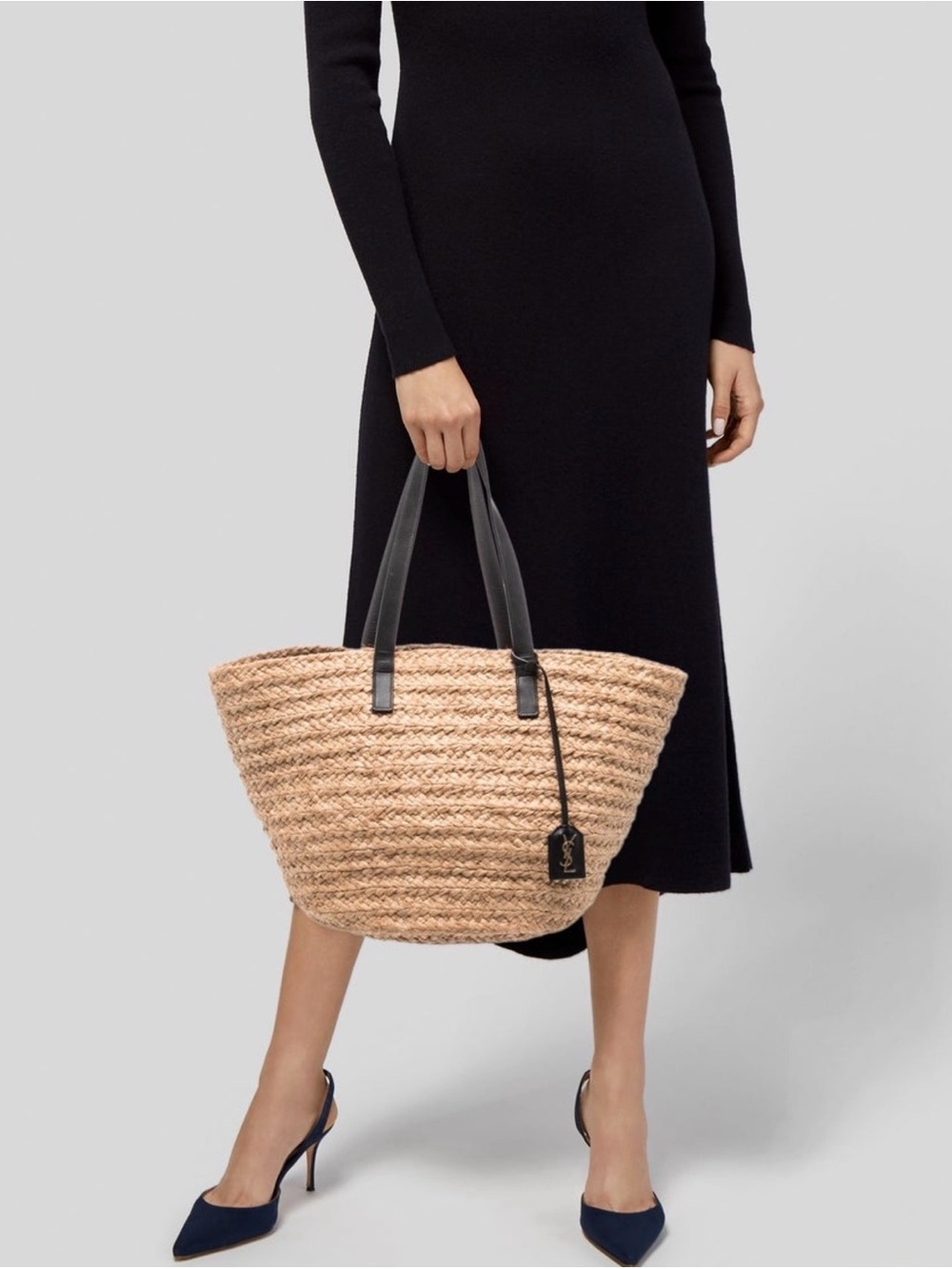 Saint Laurent Natural Straw Tote with Black Leather Handles and Logo Tag